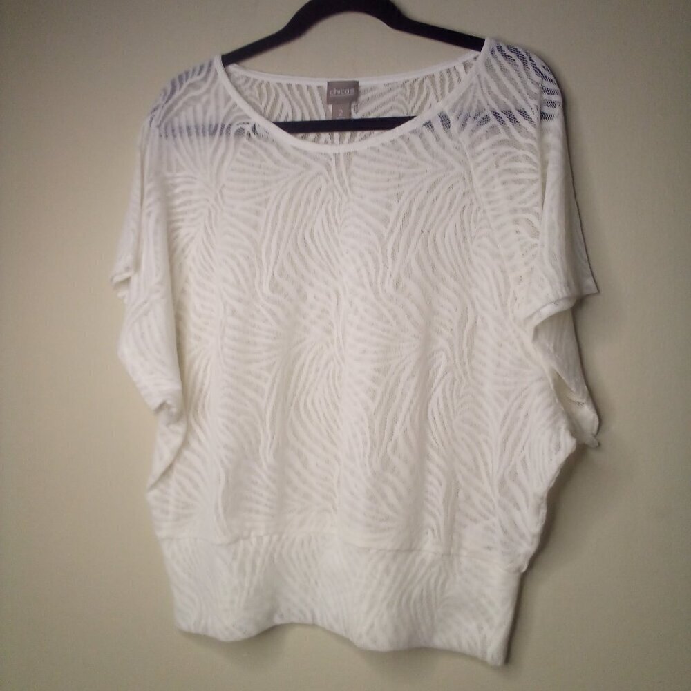 Chico's Blouse Shirt Women 2 L Lace Sheer Short Sleeve White